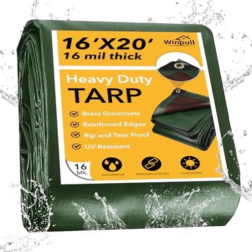 Winpull Tarp 16x20 Feet 16 Mil Heavy Duty Waterproof Tarp, Large Multipurpose Cover with Brass Grommets and Reinforced Edges, UV Resistant Thick Poly Tarps for Outdoor Camping Tent Pool Car, Green