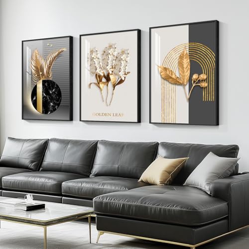 Framed Modern Luxury Large Wall Art for Living Room, Set of 3 Piece Black White Gold Contemporary Abstract Paintings Artwork for Walls, Big Size Prints Pictures for Hallway, Office Wall Decor 24x36 Inch