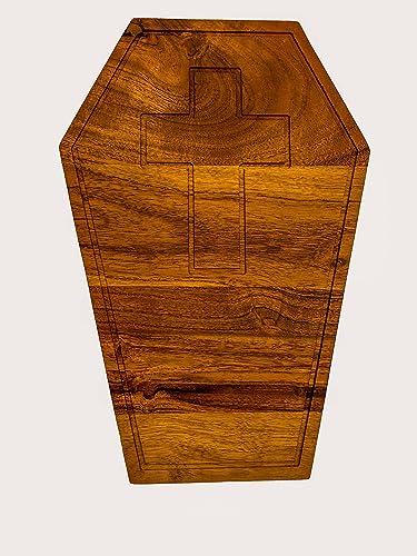 Acacia Wood Halloween Scary Coffin Cutting Board with Groove for Festive Decoration and Appetizer Serving Tray (13.75"L x 9.5"W)