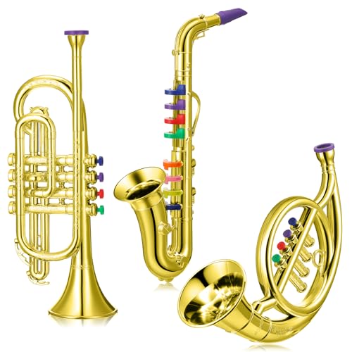 Treela Set of 3 Musical Instruments Saxophone Trumpet and Horn for Beginners 3 Wind and Brass Musical Instruments Combo with Colorful Keys Coded for Boys Girls (Gold)