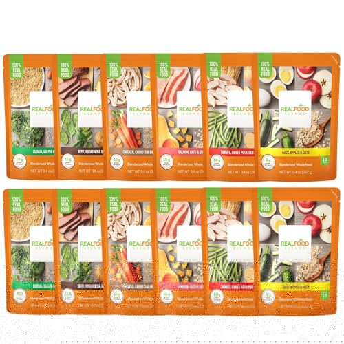 Real Food Blends Variety Pack - Pureed Food Meals for Tube Feeding with Protein, Vegetables & Fruits - 320–340 Calories Per Pouch for Lunch & Dinner - 9.4 oz (Pack of 12)