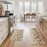 Artoid Mode Brown Poppy Floral Leaves Spring Kitchen Mats Set of 2, Spring Home Decor Low-Profile Kitchen Rugs for Floor - 17x29 and 17x47 Inch