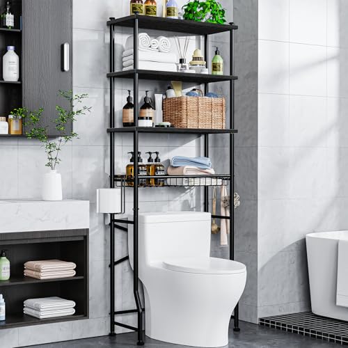 Mlinavn Over-The-Toilet Storage Rack, 4-Tier Bathroom Organizer Shelf Over Toilet with Adjustable Shelf and Basket, Freestanding Space Saver Bathroom Shelves Above Toilet for Room (Black)