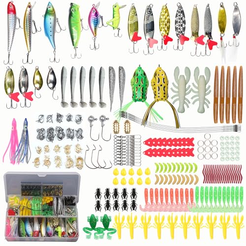 EXAURAFELIS 399pcs Fishing Lures Set Fish Lure kit for Bass Trout Salmon Freshwater Fish tackle kit Including Plastic Shrimp worm bait Spoon grasshopper Crankbait Jigs Hooks fishing gear and equipment