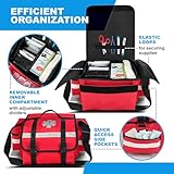 Primacare Fully Stocked Reflective Trauma Bag - 17" x 9" x 7" First Aid Responder Emergency Medical Supplies Kit, Professional EMT EMS Shoulder Bag with Zippered Side Pockets and Compartments (Red)