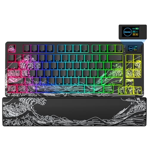 Womier 75% Keyboard with Color Multimedia Screen Wireless Gaming Mechanical Keyboard, Theme 3-Modes Hot Swappable Key Board w/Wrist Rest,SK80 PRO Gasket RGB Custom for Mac/Win,Black Kanagawa