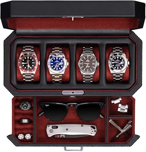 ROTHWELL 4 Slot Leather Watch Box with Valet Drawer - Luxury Case Display Jewelry Organizer, Locking Display Case Holder with Real Glass Top - Watch Box Organizer for Men & Women (Red)