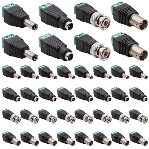 Hmknana 40PCS Male Female Power Connector DC 12V 5.5 x 2.1mm Power Jack Plug Adapter Barrel Connector, BNC Male Female Balun Connector for CCTV Coaxial Cable Surveillance Video Camera Led Strip