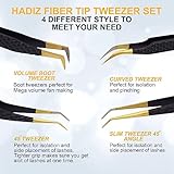 HADIZ Set of 4 Fiber Tip Diamond Grip Eyelash Extensions Tweezers Japanese Stainless Steel Lash Tweezer(Black)