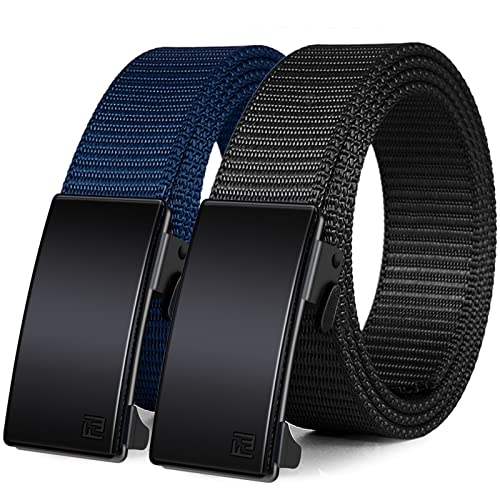 WONDAY Nylon Ratchet Belt 2 Pack, Web Belts for Men Nylon Belt Automatic Slide Buckle (Black+Blue, S - Fit waist 30"-36")