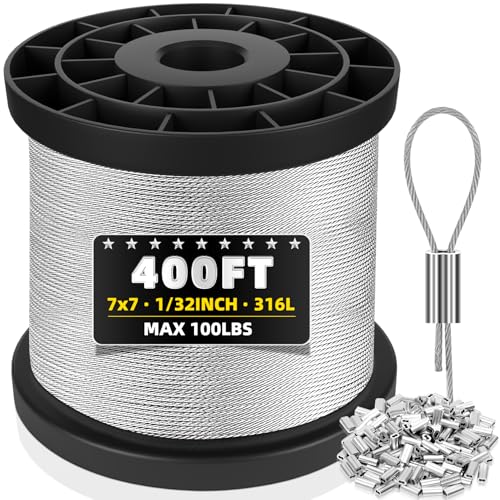 316 Stainless Steel Cable, 400FT 1/32IN Wire Rope with 100Pcs Aluminum Sleeves Stops, for String Lights Hanging, Clotheslines, Trellis Wire