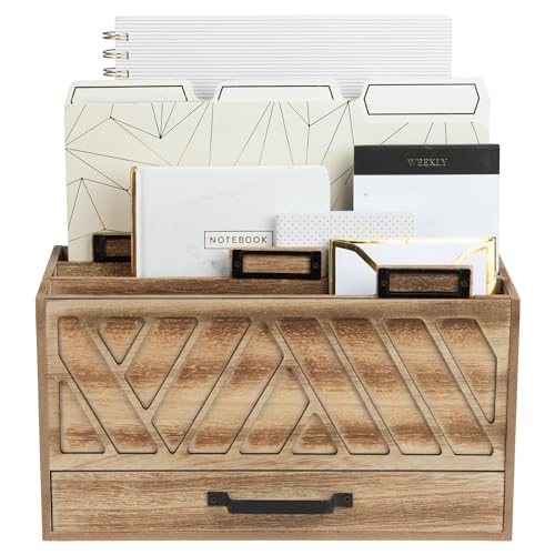 BLU MONACO Natural Wood Desktop Mail Organizer – Three-Tiered with Gold Label Holders and Drawer – Stylish Mail Holder and Countertop Document Storage for Home or Office
