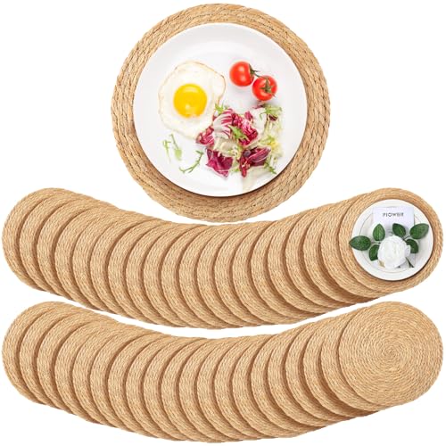 Colingmill 40 Pcs Round Woven Rattan Placemats, 13 Inch Rattan Placemats Natural Straw Hand Woven Farmhouse Round Place Mats for Dining Table Home Wedding Baby Shower Dinner