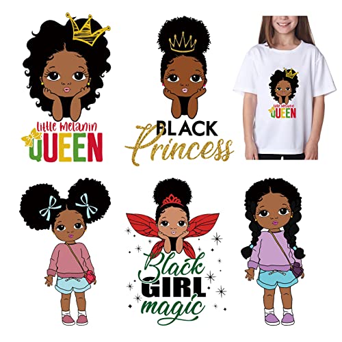 5Pcs Afro Little Girl Iron On Decals for Clothing Child Kids Iron On Applique Princess DIY Heat Transfer Stickers for T-Shirt Jean Hats