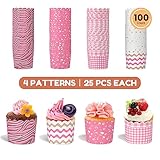 Parmedu 100pcs Baking Paper Cupcake & Muffin Liners - 2.4 Inches, No Baking Pan Needed, Thick & Sturdy, High Temperature & Oil Resistant, Non-stick - Pink Serie 4 Patterns, Model BK011