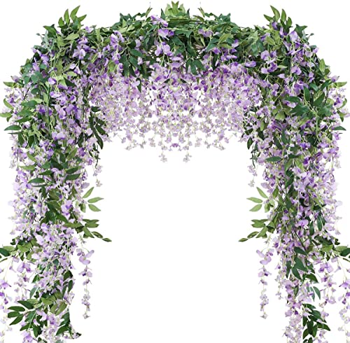 3Pcs 7.2Ft/Piece Artificial Flowers Wisteria Garland Artificial Wisteria Vine Hanging Flower Greenery Garland for Home Garden Outdoor Wedding Arch Floral Decor (Purple)