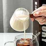 Joeyan 6 oz Glass Measuring Cups with Spout,Borosilicate Glass Triple Pitcher with Scale,Origami Style Espresso Shot Glasses with Wood Handle for Coffee Milk,Dishwasher Safe