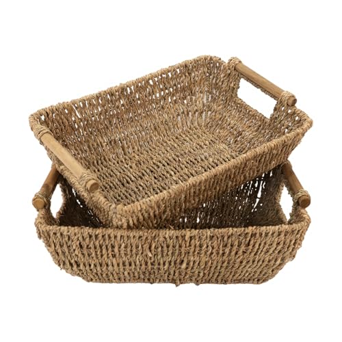 HOMESTEAD Seagrass Baskets with Wooden Handles for Storage, Medium Rectangular Wicker Basket for Bedroom, Living Room, Bathroom, Shelves - 2 Packs