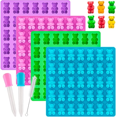 HKUCFTT Large Gummy Bear Molds Silicone - Food-Grade Non-Stick Candy Molds Large Fruit Snacks Molds BPA Free with 2 Droppers & 1 Cleaning Brush, Set of 4