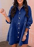 Sidefeel Womens Smocked 3 4 Sleeve Button Down Denim Jeans Dresses X-Large Blue