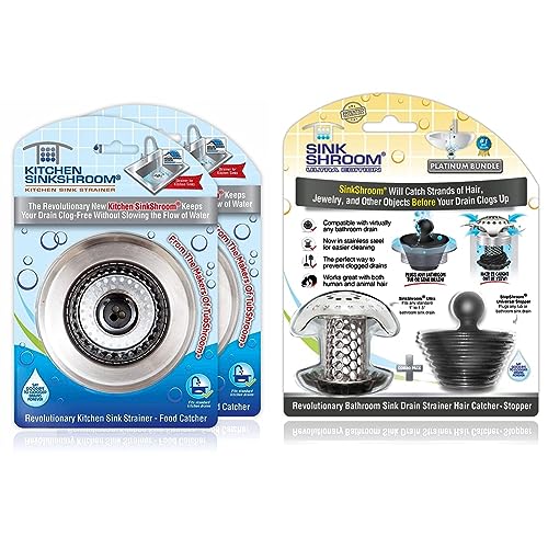 SinkShroom Revolutionary Clog-Free Sink Strainer Basket, 2-Pack, Stainless Steel + SinkShroom Ultra Revolutionary Bathroom Sink Drain Protector, Stainless Steel with Stopper