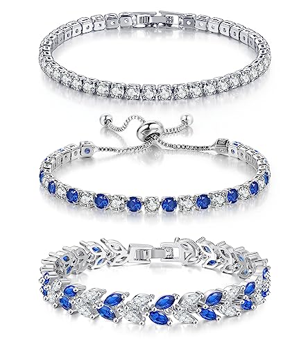 GEMOSA 3 Pcs Tennis Bracelet Set 14K Gold Plated Marquise Cubic Zirconia CZ Diamond Dainty Adjustable Silver Bracelets for Women Brides Stackable Fashion Jewelry Wedding Prom Gift