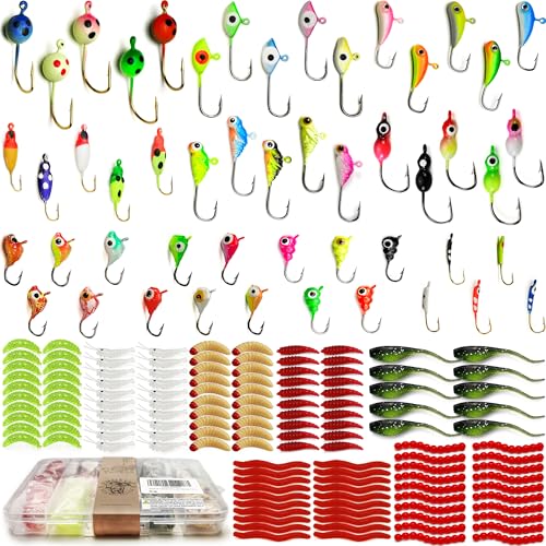 VMSIXVM Ice Fishing Jigs Ice Fishing Lures, Glow Micro Ice Jig Heads Hooks Winter Jig Soft Plastic Worm Baits kit for Crappie Walleye Panfish, Ice Fishing Gear Equipment Tackle Accessories