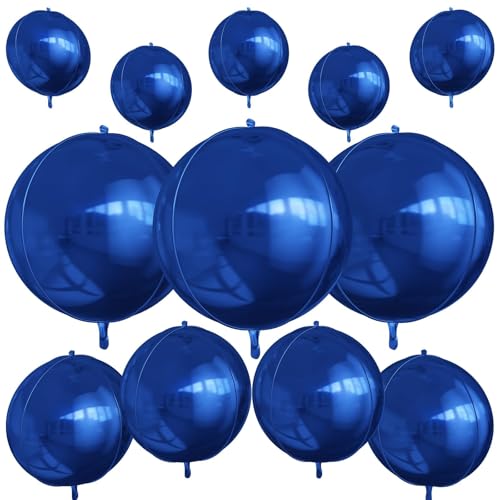 12Pcs Navy Blue Round Foil Balloons, 22" 15" 10" 4D Helium Ball Balloon, Metallic Blue Foil Balloon for Birthday Graduation Wedding Anniversary New Year Eve Disco Prom Party Decorations