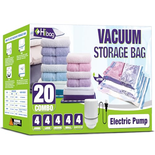 HIBAG Vacuum Storage Bags with Electric Pump, Vacuum Seal Space Saver Bags for Clothes, Clothing, Pillows, Blanket Bedding Comforters, Combo 20 pack