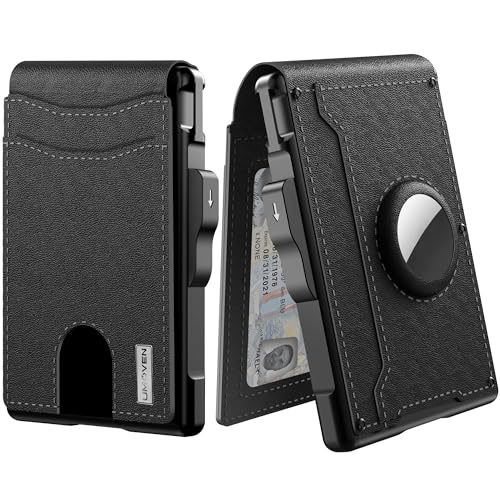 umoven AirTag Wallet for Men - with Pop Up Aluminum Case Money Clip Slim Leather Slots Credit Card Holder RFID Blocking Bifold Minimalist Wallet (Black)