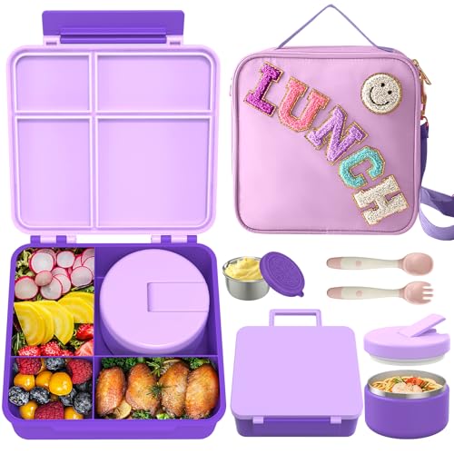 Aimsnk Kids Bento Lunch Box with 8oz Soup Thermo, Kids Leakproof Lunch Food Containers with 4 Compartment,Insulated Hot Food Jar with Lunch Bag for School, Travel (Purple)
