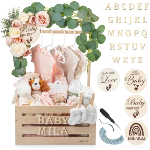 Wooden Baby Shower Crate Closet - Customizable Wooden Crate Box with Dual Rod System, Personalized Baby Shower Basket Alphabet Letters, Easy Assembly Baby Baskets for Baby Shower (Natural Wood)