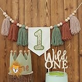 Wild One 1st Highchair Wood Bead Tassel Garland Lion Crown Hat Wooden Cake Topper Birthday Party Decorations