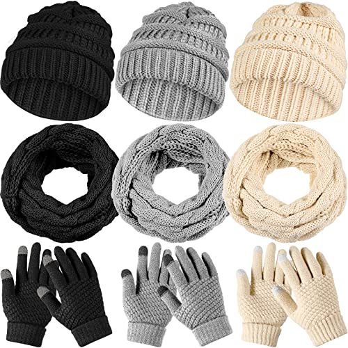 JaGely 9 Pcs Women Hats Gloves Scarf Set Winter Knit Beanie Hat Touchscreen Gloves and Scarf Knit Set Gifts for Men Women (Black, Gray, Beige)