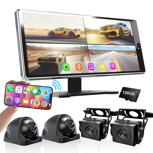 ASLONG 10.36" Wireless CarPlay Screen for Car & 4K 4CH Dash Cam with Android Auto, Portable HD Touchscreen Car Stereo with 1080P Backup Camera, GPS Navigation Mirror Link for Semi Trailer Truck
