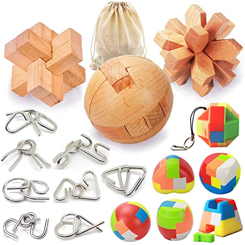 17 Pack Brain Teasers Puzzles for Kids & Adults, Brain Teasers Metal and Wooden IQ Toys Puzzle Mind Game 3D Coil Cast Wire Unlock Interlock Magic Ball Puzzles for Teenagers