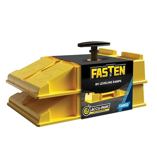 Camco Fasten Premium RV Leveling Trailer Ramps w/Convenient Handle - Nesting Design for RV Storage - Compatible w/Square Leveling Blocks - 2-Pack (44535)
