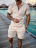 Size L Beige Mens Short Sets 2 Piece Outfits Polo Shirt Fashion Summer Tracksuits Casual Set Short Sleeve