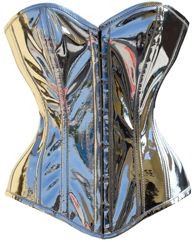 Overbust Silver PVC Corset Heavy Duty Corset Women's Shiny PVC Corset Steel Boned Corset Silver Corset (US, Alpha, Large, Regular, Regular, Silver)