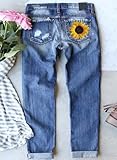 Astylish Women Sunflower Patchwork Destroyed Raw Hem Stretch Loose Boyfriend Ankle Jeans Classic Ripped Hole Denim Pants X-Large