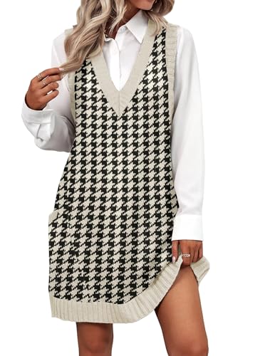 Zeagoo Women Sweater Vest Dress Houndstooth Pattern Knit Sweater Vest Pullovers Dress V Neck Sweater Dress Pockets, Black Houndstooth L