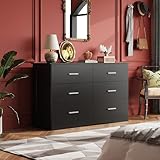 WLIVE Wood Dresser for Bedroom, Wide Chest of Drawers with 6 Drawer, Oak Furniture Large Storage Tower Unit, Closet Store Organizer for Living Room, Hallway, Long Nightstand, Modern Minimalist Black