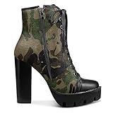 Castamere Womens High Chunky Block Heel Platform Ankle Boots Short Bootie Zipper Lace-up Round Toe Dress Denim 4.7 Inches Heels Green Camo 12 M US