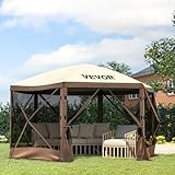 VEVOR Pop Up Gazebo Screen Tent, Pop-Up Instant Gazebo Tent with Mosquito Netting Outdoor Canopy, 6 Sided Sun Shelter 10x10ft with 6 Removable Wind Cloths & 2 Mesh Windows, Pavilion Tent for Patio