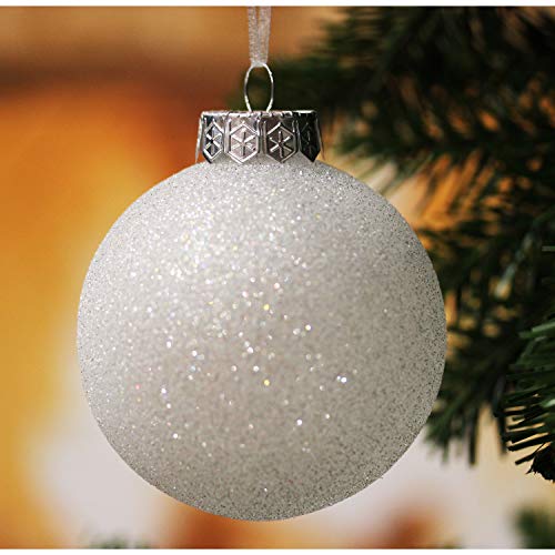 SLEETLY 28pc White Christmas Ball Ornaments for Farmhouse Tree Holiday Xmas Decorations, Large Shatterproof Plastic 3.15 Inch Glitter Snow Balls with White Ribbon Hangers, Icicles and Snowflakes Set