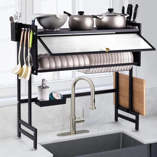 LIIAMOAR Over Sink Dish Drying Rack, Above Sink Drainage Rack for Kitchen Storage of Dishes and Cutlery, Space Saving Dish Rack with Cover, (Black, 33.5 inch)