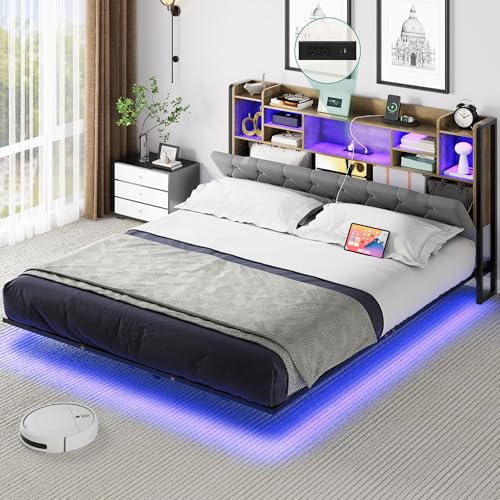 YITAHOME Queen Floating Bed Frame, Upholstered Platform Bed with Headboard Storage, and Charging Station, No Box Spring Needed,Dark Gray
