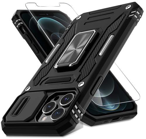 DEERLAMN Case for iPhone 13 Pro Max with Slide Camera Cover+Screen Protector(1 Pack),Rotated Ring Kickstand Military Grade Shockproof Protective Cover 6.7 Inch-Black