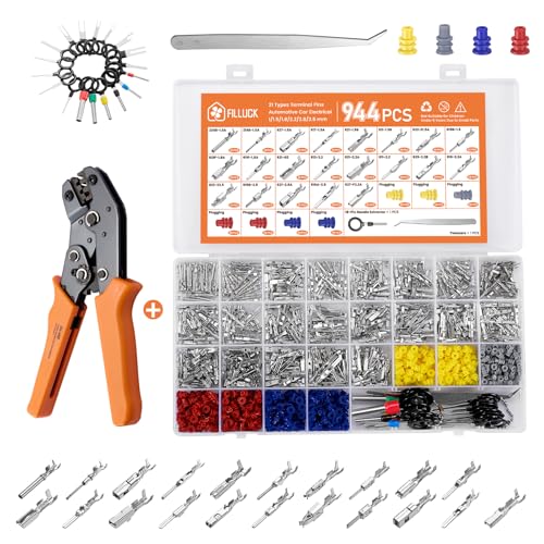 Filluck 945Pcs Pin Connector Kit,Car Electrical Wire Connectors Terminal Pins,21Type Non-Insulated Plug 1/1.5/1.8/2.2/2.8/3.5mm,Large Quantity&Easy Store with Ratchet Crimping Tool 22-16 AWG