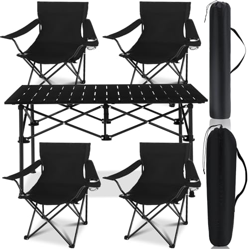 Burbell 5 Pcs Summer Portable Camping Chair and Folding Camping Table Set Outdoor Oxford Fabric Folding Chair Lawn Portable Camp Table with Cup Holder Carry Bag for Travel Fishing Sport(Black)